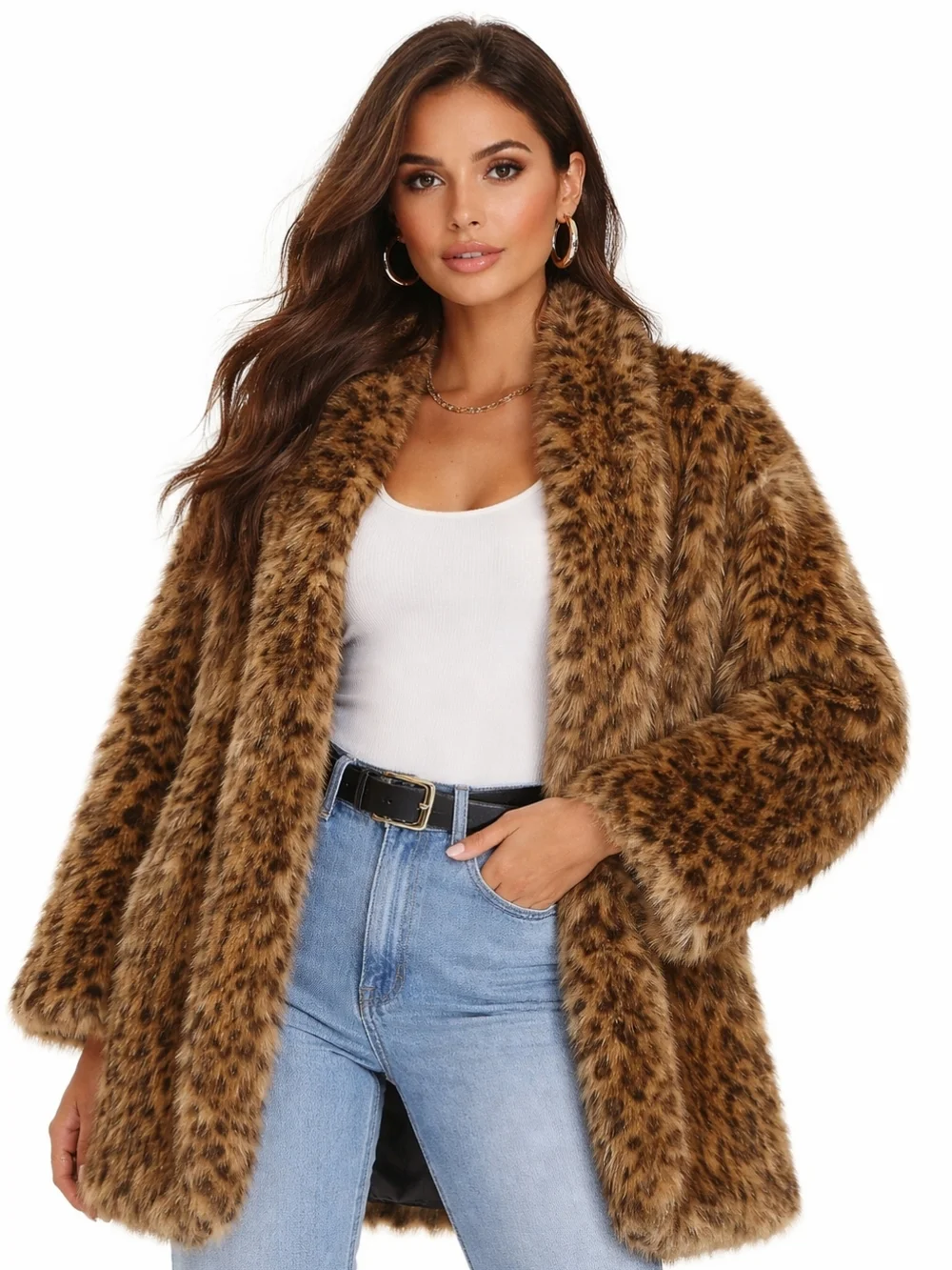 BHS Women's Faux Fur Teddy Coat - Brown Leopard Print Large